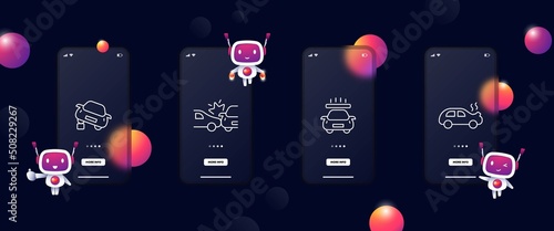 Accident set icon. Car crash, failure, emergency, breakdown, wreck, Cliff, descent, fallen tree, smoke, fire, Service station. Traffic rules concept. Glassmorphism. UI phone app screen with robots