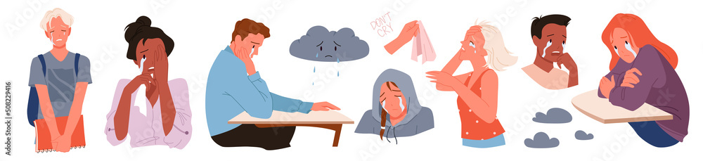 Sad people cry set vector illustration. Cartoon depressed unhappy male and female young characters with tears on faces crying isolated on white. Mental health, bad emotions and stress concept Sad people cry set vector illustration. Cartoon depressed unhappy male and female young characters with tears on faces crying isolated on white. Mental health, bad emotions and stress concept