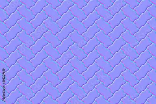 Normal map herringbone seamless pattern of pavement with interlocking blocks. Bump mapping of pathway texture top view. Outdoor concrete slab sidewalk. Figured surface for 3d shaders of materials