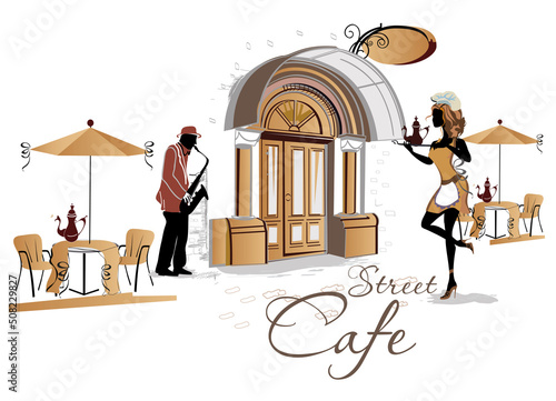 Series of the street cafes with fashion people, men and women, jazz musicians in the old city, vector illustration. Waiters serve the tables. 