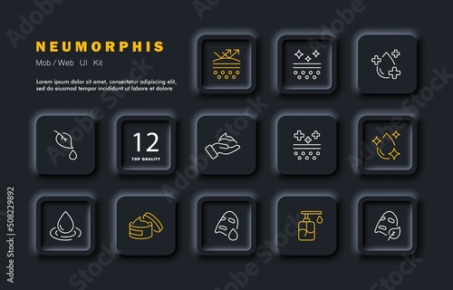 Scin care set icon. Ultraviolet, Moisturizing, Care, Evaporation, Sunscreen, Sunburn, wetting, damping, Acne, Pores. Hygiene concept. Neomorphism style. Vector line icon for Business and Advertising