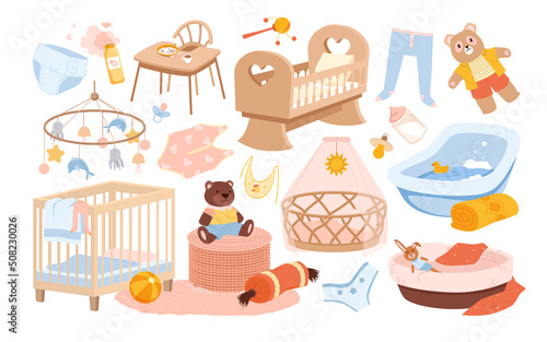 Newborn furniture and nursery interior. Children bedroom, crib bed and soft plush toys, baby shower details, toddler care accessories and playroom decoration vector illustration