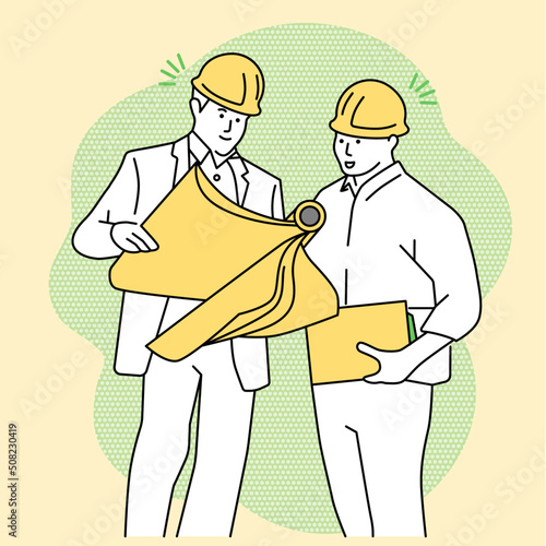 Communication between two construction supervisors who design the interior of the building