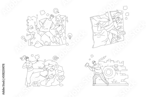 Diverse people breaking wall destroying obstacle outline vector scene set. Man woman cleanup way to success, solve life problem, goal achievement illustration