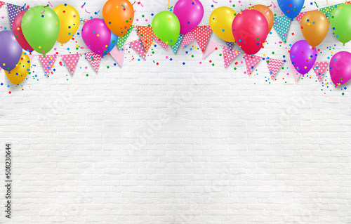 Fototapet Colorful party balloons and flags hanging  with confetti and Ribbons on white wall background, birthday, anniversary, celebration event, festival greeting card background, scene for shooting