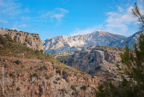 Butterfly Valley (kelebekler vadisi) in city of Oludeniz Fethiye in western Turkey. walk along famous Lycian Way, view of Mount Babadag