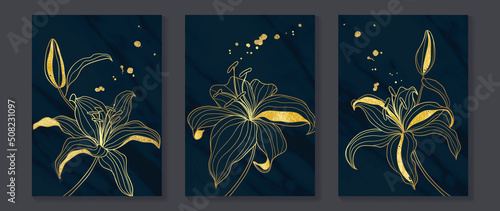 Set of abstract floral wall art template. Elegant line art, lily flowers, blooms, foliage on dark background. Collection of luxury wall decoration perfect for decorative, interior, prints, banner.