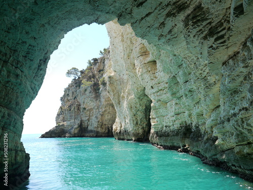 Sea caves along the Gargano Peninsula, Apulia, Italy.
