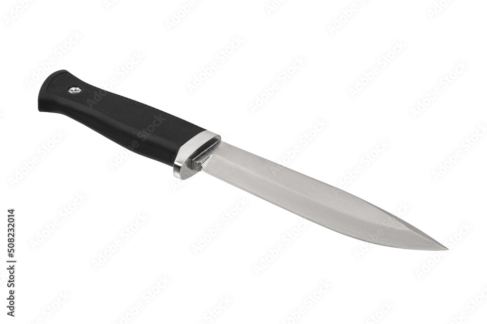 Modern hunting knife with silver blade and rubber handle. Steel arms. Isolate on a white back Modern hunting knife with silver blade and rubber handle. Steel arms. Isolate on a white back