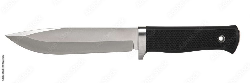 Modern hunting knife with silver blade and rubber handle. Steel arms. Isolate on a white back Modern hunting knife with silver blade and rubber handle. Steel arms. Isolate on a white back