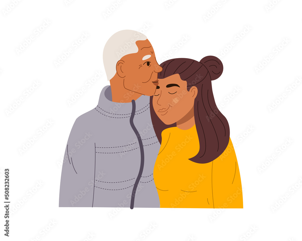 Obraz premium Portrait of teen daughter and her elderly gray-haired father. Happy black african american family hug and feel love for each other. Flat vector illustration isolated on white background