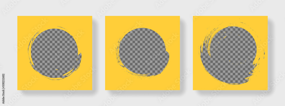 Abstract yellow social media square layout, instagram and facebook posts with soft gradient backgrounds and photo placeholders, modern business corporate graphic design for corporation marketing