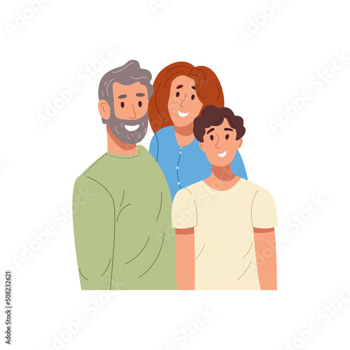 Happy family portrait with old father, mom and son standing next to each other. Healthy friendly relationship concept. Colored flat vector illustration isolated on white background