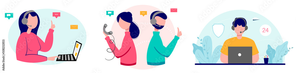 Customer service, online help, call center. Set of vector illustrations. Customer service, online help, call center. Set of vector illustrations.