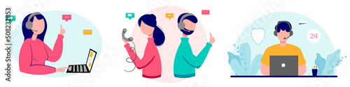 Customer service, online help, call center. Set of vector illustrations.