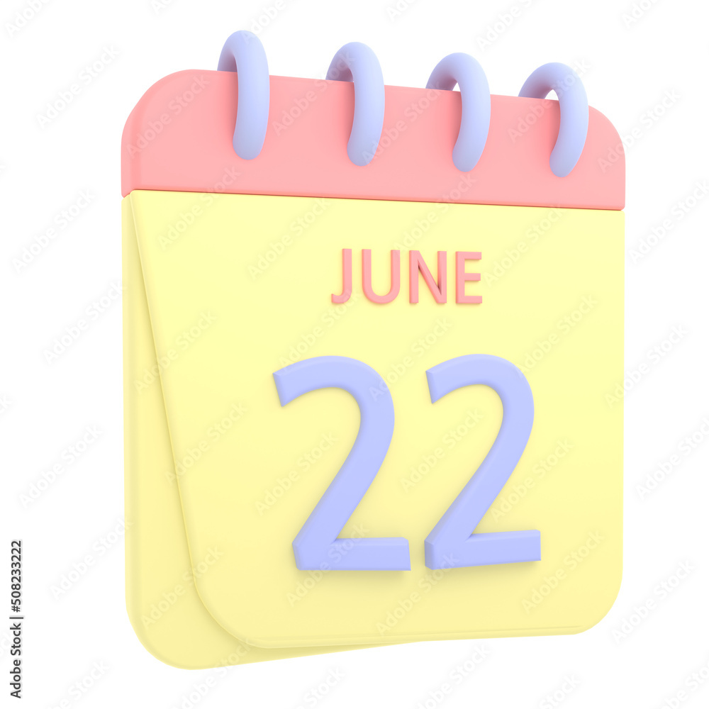 22nd June 3D calendar icon. Web style. High resolution image. White background 22nd June 3D calendar icon. Web style. High resolution image. White background