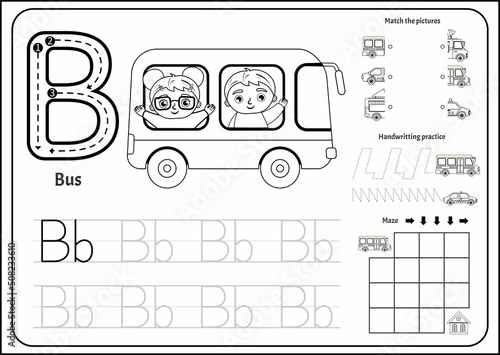 Handwriting practice sheet. Basic writing. Educational game for children. Worksheet for learning alphabet. Letter B.