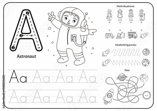Handwriting practice outline sheet. Basic writing. Educational game for children. Worksheet for learning alphabet. Letter A. Illustration of cute boy astronauts.
