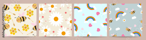 Set of cute seamless pattern vector. Adorable bees, honey, daisy flowers, rainbow, cloud on background. Cute animal repeated in fabric pattern for prints, wallpaper, cover, papers, packaging