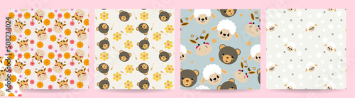 Set of cute animal seamless pattern vector. Adorable flowers, giraffes, honey, bears, and sheep on background. Cute animal repeated in fabric pattern for prints, wallpaper, cover, papers, packaging