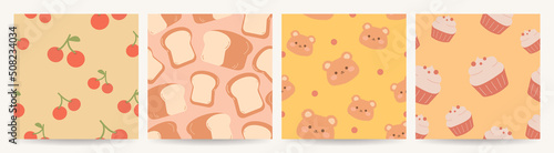 Set of cute pattern vector. Adorable teddy bears, red cherry, bread, cupcakes on background. Cute objects repeated in fabric pattern for prints, wallpaper, cover, papers, packaging