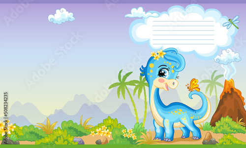 Cover for notebook with cute dinosaur blue diplodocus vector
