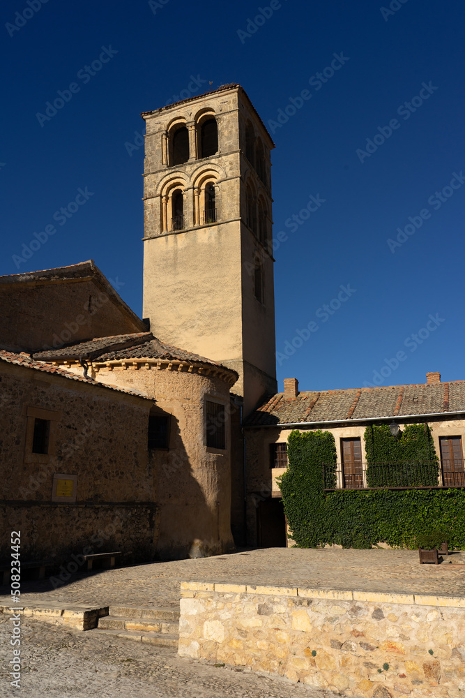 Chuch in the old town of the medieval village in a sunny day. Segovia, Castilla y Leon, Spain