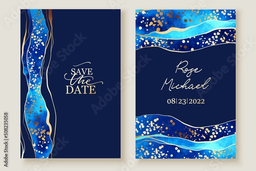 Set of vertical backgrounds, cards. Blue, turquoise watercolor fluid painting vector design. Waves with golden lines, splatters. Chic elegant design.