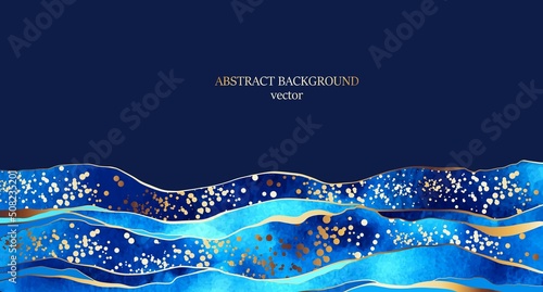 Blue watercolor waves with golden lines, splatters. Chic, elegant background design for card, invitation, cover. 