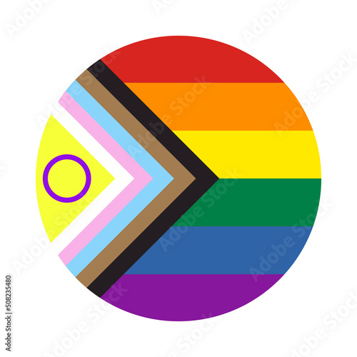 Circle Rainbow icon with new Progress Pride Flag. Symbol of LGBT community. Vector illustration. Flat vector button for apps and websites