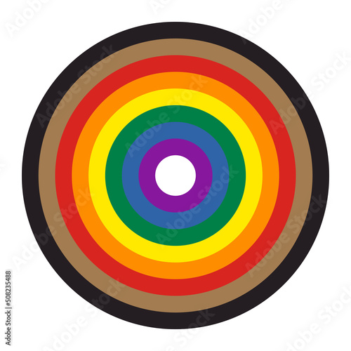 Round Pride flag Rainbow with black and brown stripes isolated on white background. LGBT target icon. Vector illustration