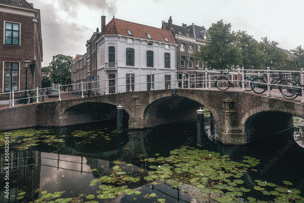 Fototapeta premium View of the pleasant center of the student city of Leiden with beautiful old canal houses along the canals.