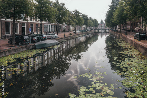 Canal in Leiden Netherlands urban summer landscape.