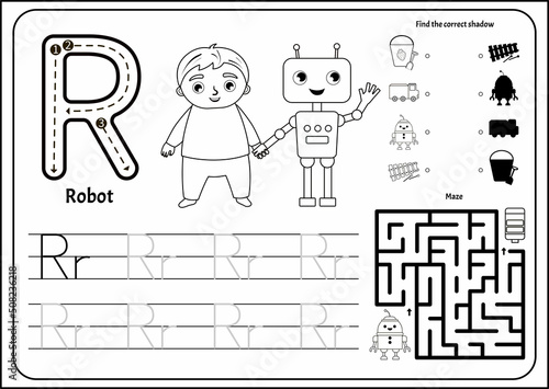 Handwriting practice outline sheet. Basic writing. Educational game for children. Worksheet for learning alphabet. Letter R. Illustration of cute boy is holding the robot's hand.
