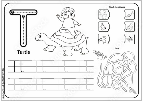 Handwriting practice outline sheet. Basic writing. Educational game for children. Worksheet for learning alphabet. Letter U. Illustration of cute boy riding a big turtle
