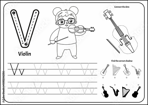 Handwriting practice outline  sheet. Basic writing. Educational game for children. Worksheet for learning alphabet. Letter V. Illustration of a cute girl playing the violin.
