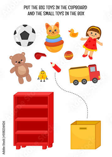 Sorting children educational game. Activity for presсhool years kids and toddlers. Studying the size of objects.
