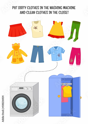 Sorting children educational game. Activity for presсhool years kids and toddlers. Put all clean clothes in the closet and dirty clothes in the washing machine.
