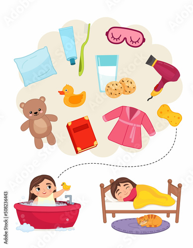 Sorting children educational game. Activity for presсhool years kids and toddlers. Give each girl the items that suit her. Daily regime.
