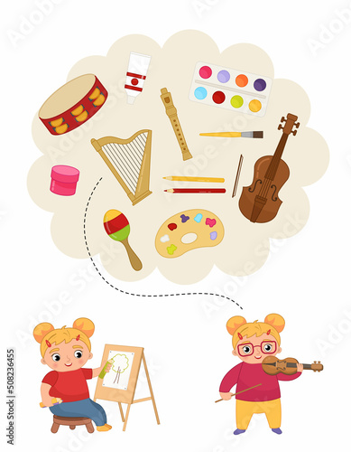 Sorting children educational game. Activity for presсhool years kids and toddlers. Give each girl the items that suit her. 