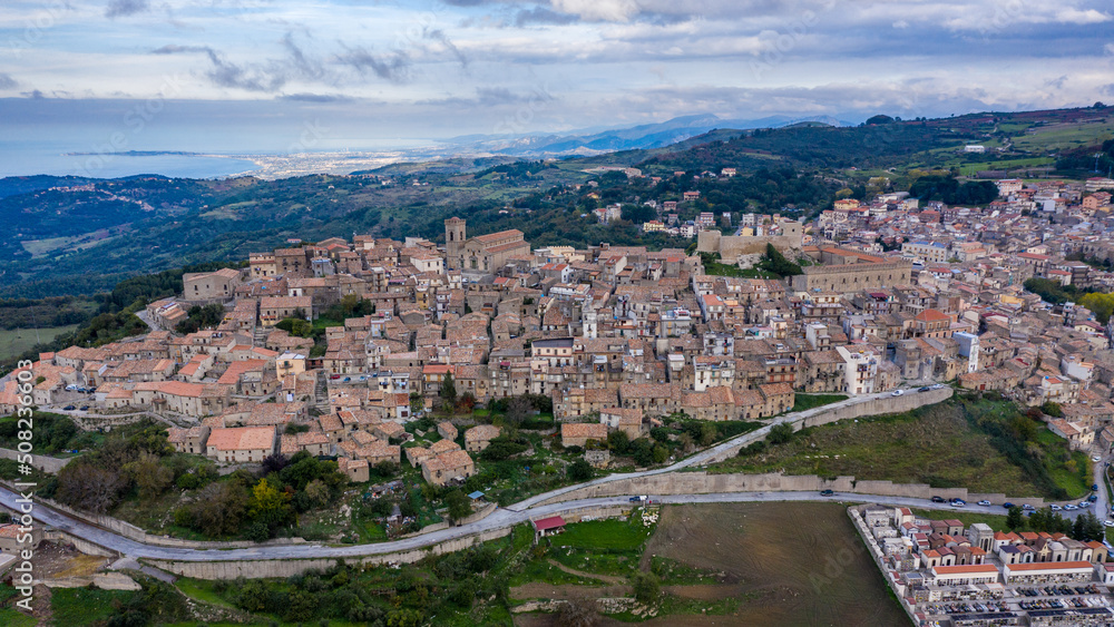 Aerial view of the city Montalbano Elicona, Italy, Sicily, Messina Province.  Aerial view of the medieval town of Montalbano Elicona with the castle of Federico II, Italy, Sicily.