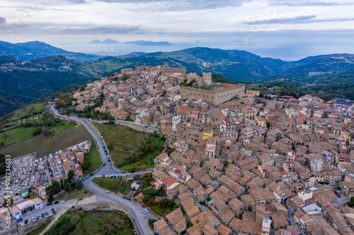 Aerial view of the city Montalbano Elicona, Italy, Sicily, Messina Province.  Aerial view of the medieval town of Montalbano Elicona with the castle of Federico II, Italy, Sicily. photo