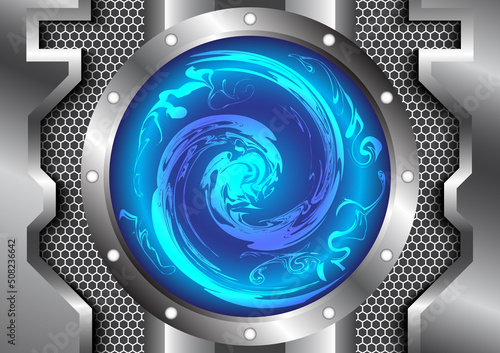 Circle teleport podium. Portal science futuristic stage. Teleportation in HUD projector on silver screen. Magic gate in game fantasy. GUI and UI virtual reality 3D circular. Portal to another universe