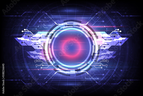 Circle teleport wings in VR glasses. Portal to another universe. Portal science futuristic stage. Teleportation in HUD projector on silver screen. Magic gate in game fantasy. UI virtual reality