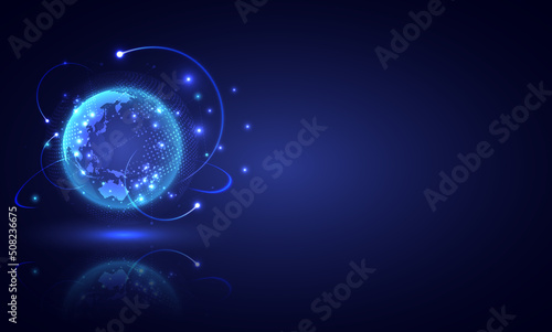 Global network connection World map abstract technology background global business innovation, network, internet and communication. Futuristic globalization interface. Globe and shadow. Screen for web