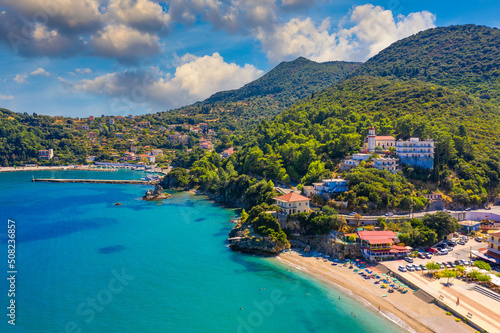 Aerial view of city of Poros, Kefalonia island in Greece. Poros city in middle of the day. Cephalonia or Kefalonia island, Ionian Sea, Greece. Poros village, Kefalonia island, Ionian islands, Greece.