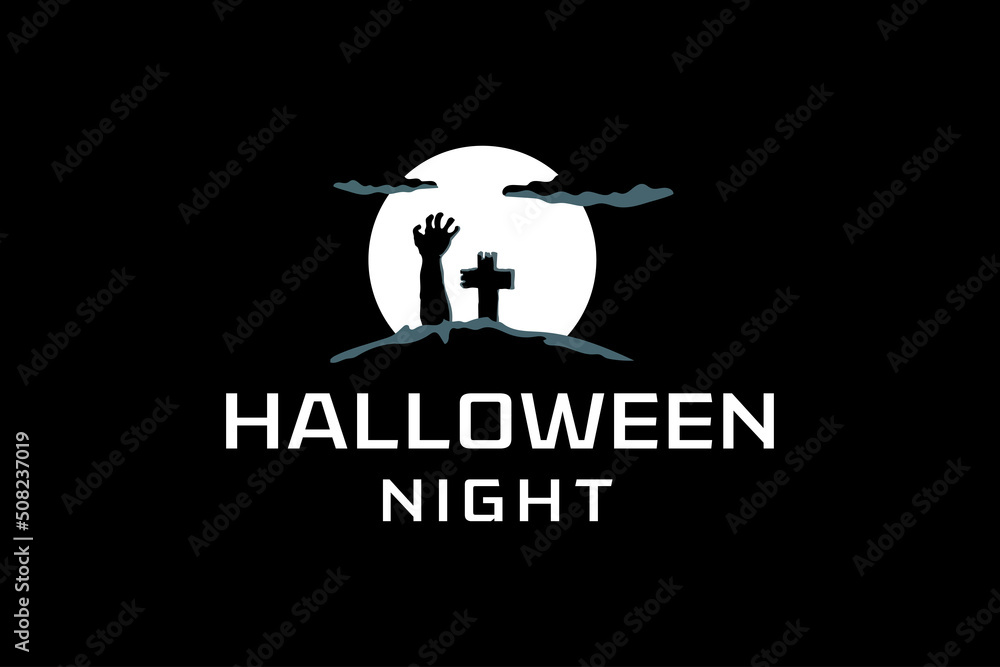 Scary night halloween tombstone logo template for halloween party vector illustration.