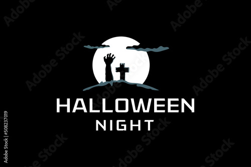 Scary night halloween tombstone logo template for halloween party vector illustration.