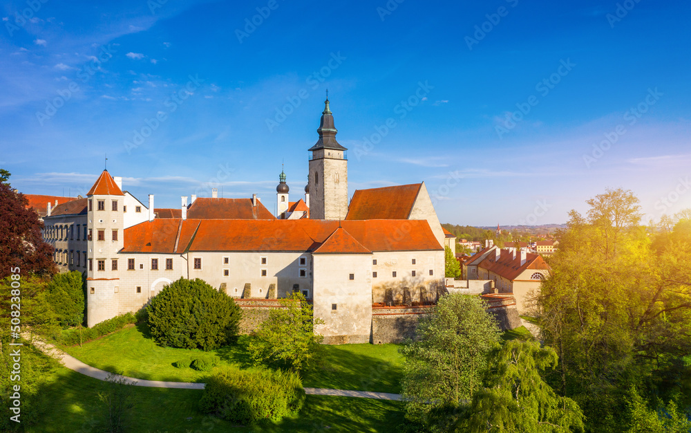 Aerial landscape of small Czech town of Telc with famous Main Square (UNESCO World Heritage Site). Aerial panorama of old town Telc, Southern Moravia, Czechia. Historic centre of Telc, Czech Republic.