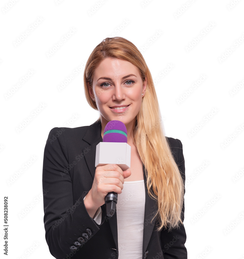 Reporter or TV presenter with a microphone on a white background. Reporter or TV presenter with a microphone on a white background.